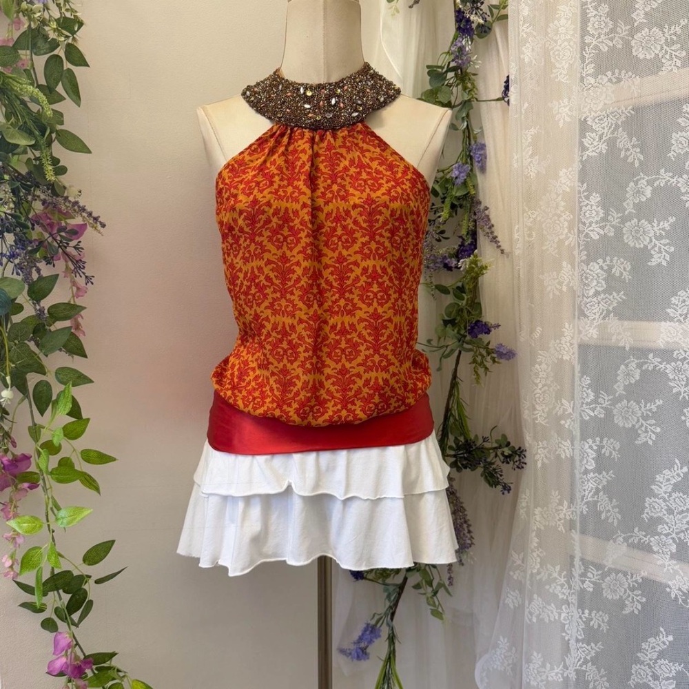 Karen Millen Beaded Halter Top in Red and Gold